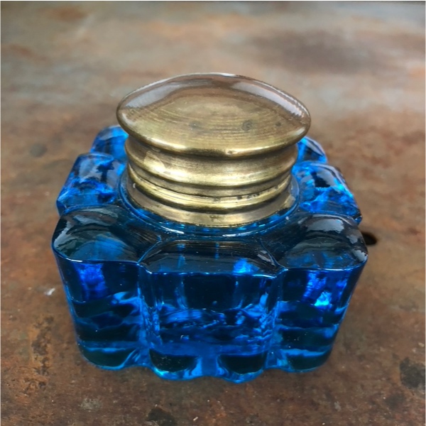 Blue Glass Inkwell with Brass Lid